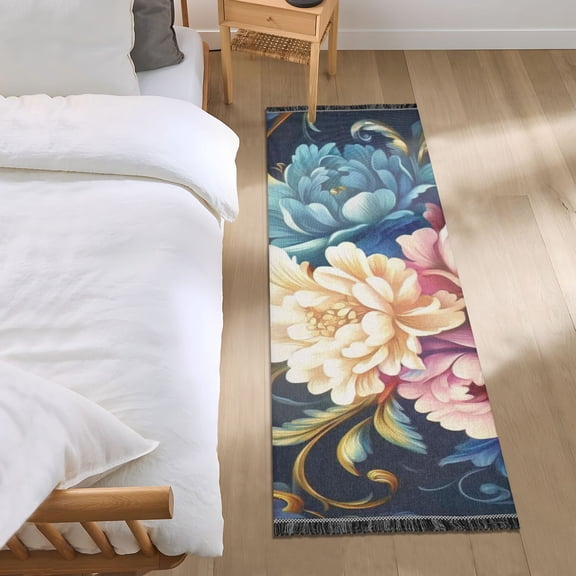Classical Golden Blue Flowers Bedroom Runner Rug 2'x 6' Non Slip Carpet Indoor Home Area Rug Living Room