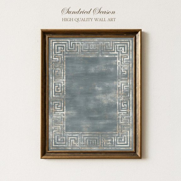 Classical Greek Border Art Weathered Blue Minimalist Meander Design Rustic, Unframed Paper Poster 8x10in