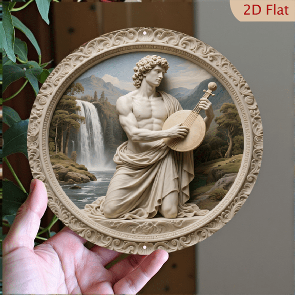 Classical Greek God Apollo Lyre Musician Round Metal Wall Art, 8x8 Inch Aluminum Medallion Decor, Greco-Roman Bas-Relief Sculpture with Landscape Print