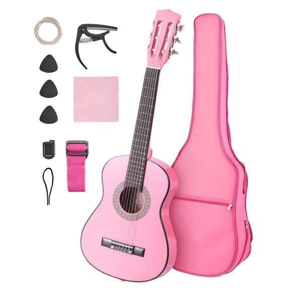Classical Guitar 30 Inch Starter Kit for Beginners with Nylon Strings, Basswood Body, Gig Bag, Strap, Tuner, Extra Strings, Picks, Capo, Pink for Kids Girls Boys Students Music Learning