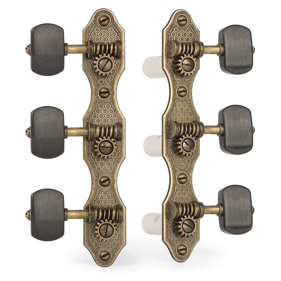 Classical Guitar Tuners, Relic Brass with Ebony Knobs - 15:1 Gear Ratio - Landstorfer Fish Scale - Nylon String Machine Heads - Set of 2 (3L/3R)
