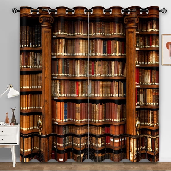 Classical Library Blackout Grommet Window Curtains, Bookshelf Bookcase Bedroom Curtains 3D Valance Pattern Window Drapes For Kitchen Living Room Home Decor 21"W x 45"L (Pack of 2)