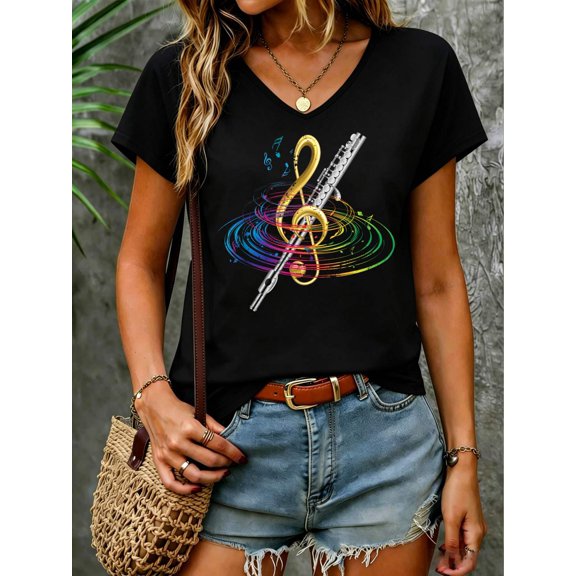 Classical Music Treble Clef Flutist Gift Flute V Neck T-Shirt Cotton Women's V Neck Graphic Tee, Casual Short Sleeve Shirt,Vacation Outfit