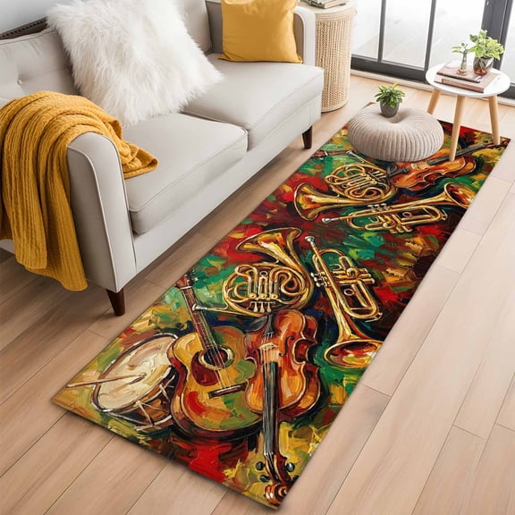 Classical Musical Instruments 2'x6' Runner Rug for Hallway Walkway Kitchen Galley, Guitar Red Green Yellow Oil Paintings Low Pile Non Slip Long Area Rug, Machine Washable Indoor Outdoor Mat