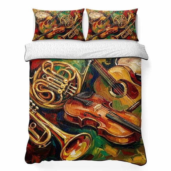 Classical Musical Instruments 3 Piece Quilt Bedding Set with 2 Pillow Shams, Guitar Red Green Yellow Oil Paintings Lightweight Bedspread Coverlet, Soft Breathable All Season Quilt, 68 x 86 Inch