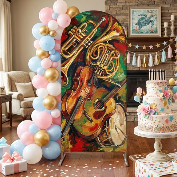 Classical Musical Instruments Arch Backdrop Covers 4 FT, Guitar Red Green Yellow Oil Paintings Stretchy Fitted Arched Stand Covers Party Arch Stand Cover Photo Booth for Wedding Birthday Decor