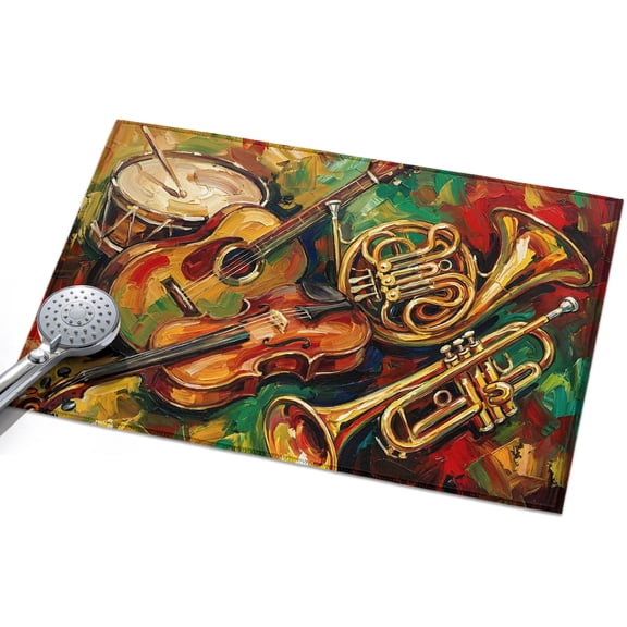 Classical Musical Instruments Area Rug, Guitar Red Green Yellow Oil Paintings Non-Slip Felt Rubber Backing Rectangle Indoor Carpet Washable Rugs for Living Room Bedroom 2x3ft