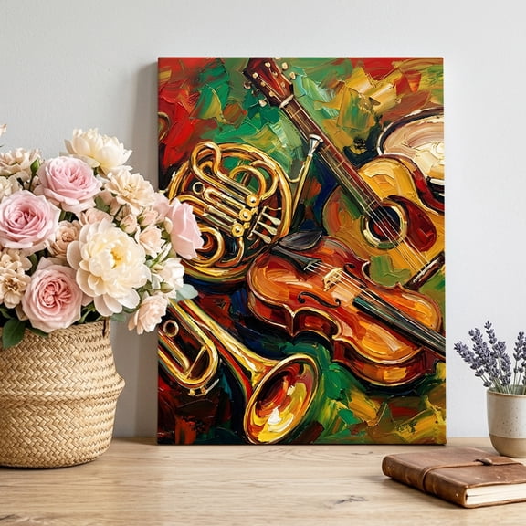 Classical Musical Instruments Canvas Wall Art, Guitar Red Green Yellow Oil Paintings Framed Canvas Wall Decor Picture Print Artwork Decorations for Living Room Office Ready to Hang 10" x 8"