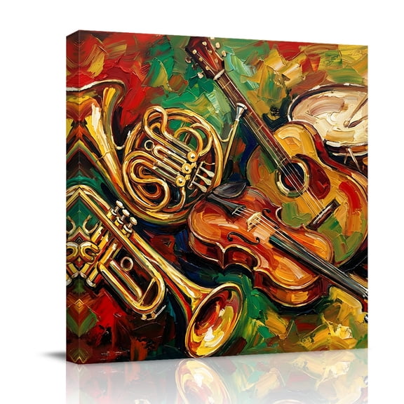 Classical Musical Instruments Canvas Wall Art for Living Room, Guitar Red Green Yellow Oil Paintings Poster Print Painting for Bedroom Office Home Decoration Wall Pictures Prepare To Hang 8"x8"
