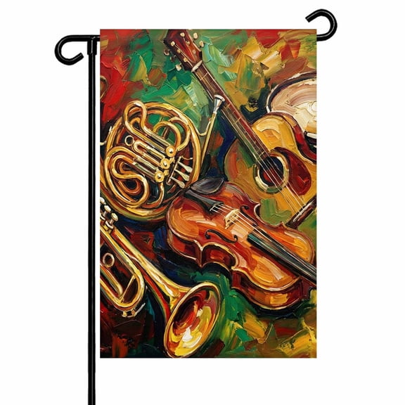 Classical Musical Instruments Garden Flag 12x18 Inch Guitar Red Green Yellow Oil Paintings Double Sided Small Decorative Garden Flags for Outside, Outdoor Yard Porch Lawn Decoration