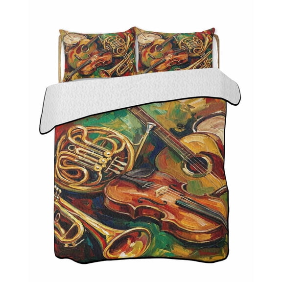 Classical Musical Instruments Quilts Bedding Set Twin Size Guitar Red Green Yellow Oil Paintings Lightweight Quilted Bedspread 3 Piece Bed Quilt with 2 Pillow Shams All Season for Bedroom 68" x 86"