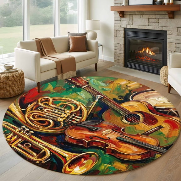 Classical Musical Instruments Round Rugs for Living Room 7ft Guitar Red Green Yellow Oil Paintings Non Slip Circle Rug Washable Low-Profile Indoor Carpet for Bedroom, Dining Room, Bathroom