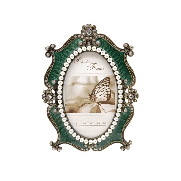 Classical Oval Picture Frame With Pearls And Crystal Decoration Ornate Antique Metal Photo Frame For Tabletop Display