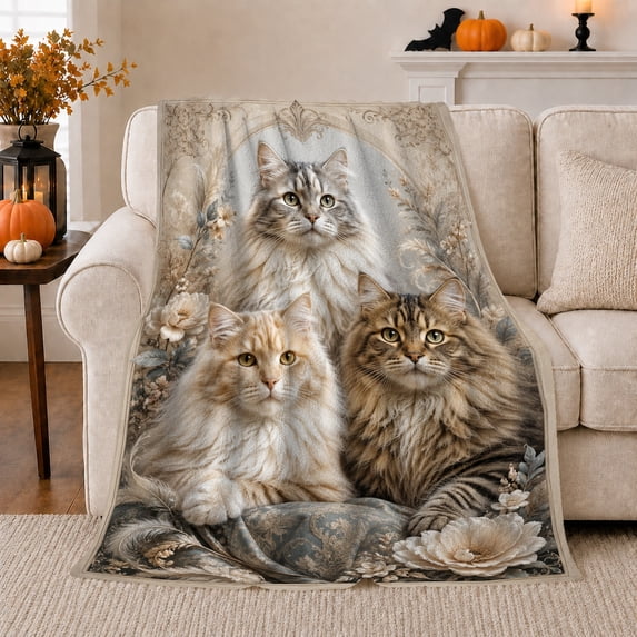 Classical Portrait Of Three Maine Coon Cats Among, Peaceful Pet Portrait Pattern, Warm Flannel Blanket for Living Room and Reading Nook, Cat Lovers Friendship Gift, Pet Lover Home Decor