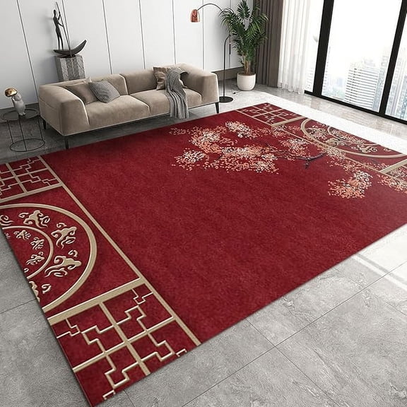 Classical Red Plum Branch Living Room Rug, Chinese Traditional Elements Symmetric Geometry Area Rugs, Anti-Slip Washable Playing Mat For Bedroom Hallway Study Room Office 5 x 8ft