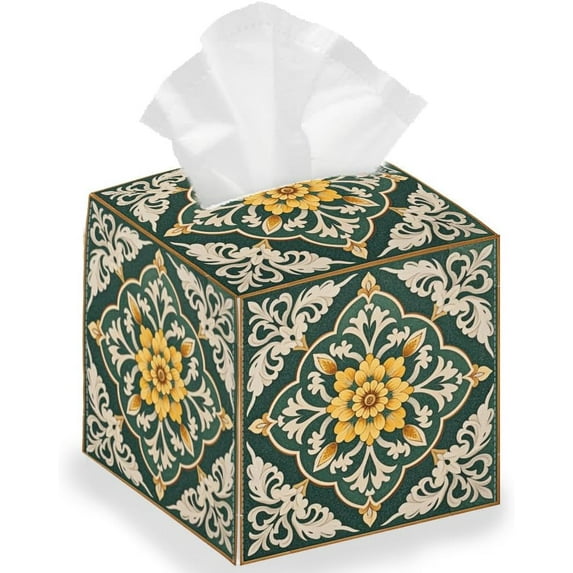 Classical Retro Patterned Tissue Storage Box Square Foldable Tissue Box Holder Waterproof Leather Paper Towel Case Cover Container Organizer for Bedroom Office Car 13 * 13 * 13cm