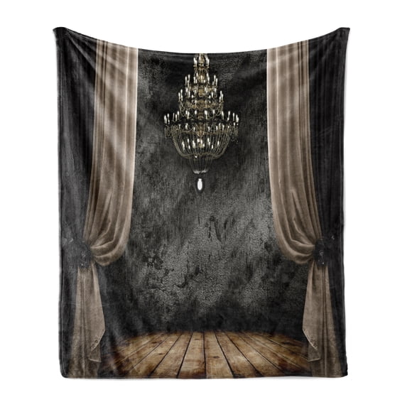 Classical Soft Flannel Fleece Blanket, Ball Room Chandelier Look Illustration in Dark Tones Medieval Antique Times, Cozy Plush for Indoor and Outdoor Use, 70" x 90", Black and Sepia, by Ambesonne