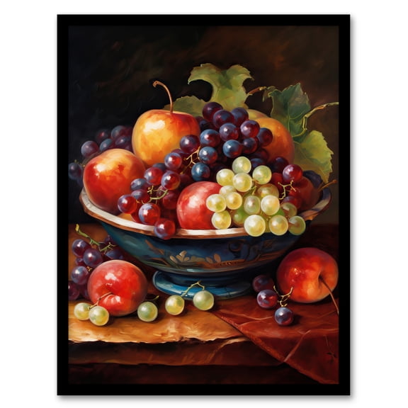 Classical Still Life Fruit Bowl Oil Painting Kitchen Artwork Framed Wall Art Print A4