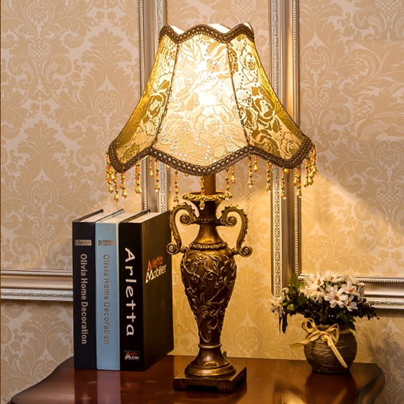 Classical Table Lamp Fabric Drum Shade And Antique brass Base ,American Decor Classic Bedside Desk Nightstand Table Lamp for Bedroom Living Room
