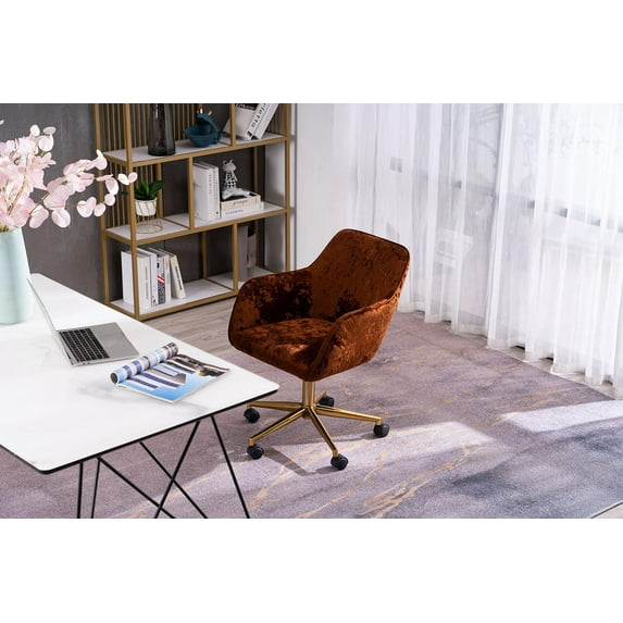 Classical Velvet Rustic Brown Material Adjustable Height 360 Revolving Home Office Chair With Gold Metal Legs And Universal Wheel For Indoor