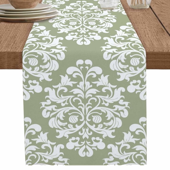 Classical Victorian Floral on Sage Green Table Runner-70 Inch Long Abstract Art Table Runners Linen Burlap Tablerunner for Kitchen Dining Room Holiday Party