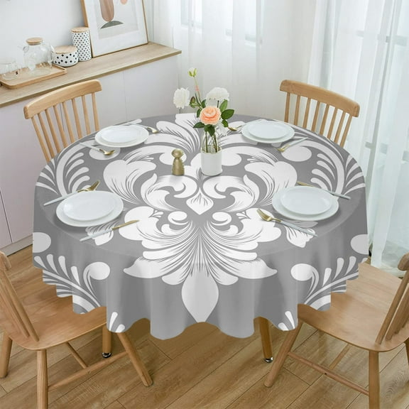 Classical Vintage Damask Grey Waterproof Tablecloth Table Decoration Wedding Home Kitchen Dining Room Round Table Cover