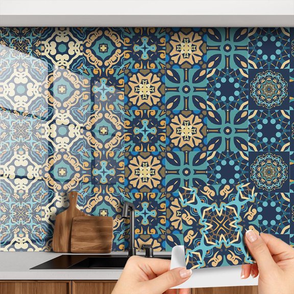Classical flower tile wall sticker,9PCS Mandala Style Tile Sticker, Traditional DIY Murals, Tile Waterproof Oil Proof Removable Decals for Bathroom & Kitchen Backsplash Oil Proof Wall Stickers