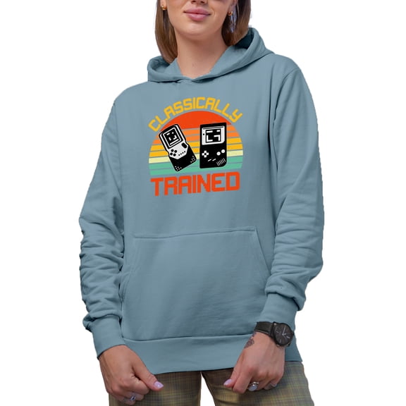Classically Trained, Retro Video Gamer, Light Blue Hooded Sweatshirt or Hoodie, Large