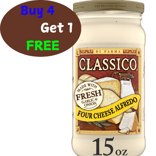 Classico Four Cheese Alfredo Spaghetti Pasta Sauce, 15 oz. Jar.(Buy 4 Get 1 FREE)