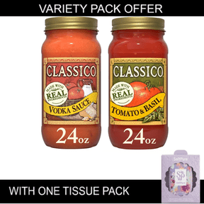 Classico Pasta Sauce Variety Pack, Vodka & Tomato and Basil, 24 oz Each, 2 Pack, Includes One Tissue Pack