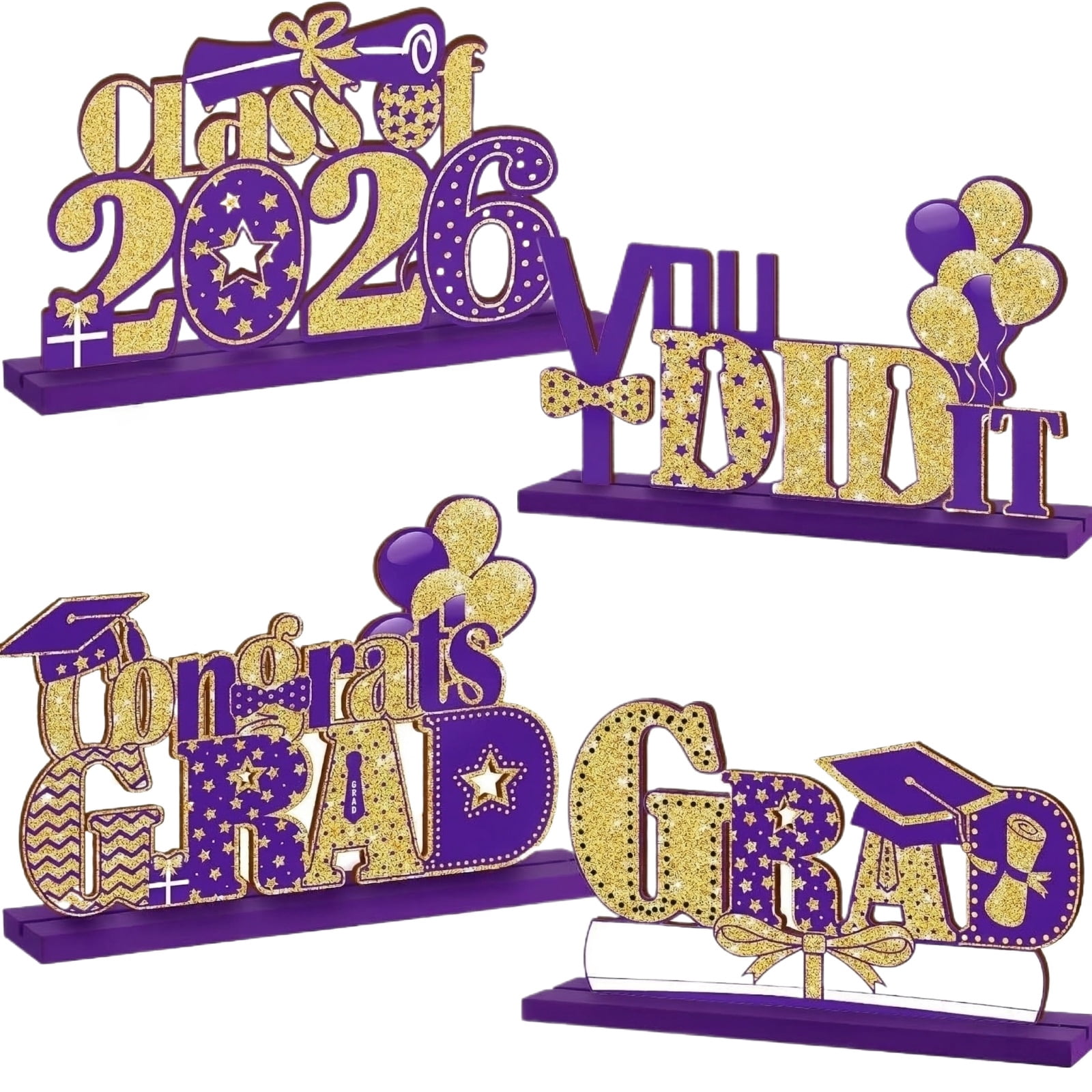 Classof2026 Decorations, Purple Gold Glitter, Wooden Tabletop Signs ...