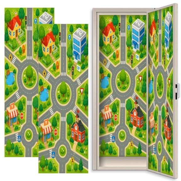 Classroom 2 Pcs School Locker Magnetic Wallpaper 12" x 36" Colorful Cartoon Town Map Roads Roundabouts Buildings Trees Reusable Removable Locker Accessories Back to School Supplies