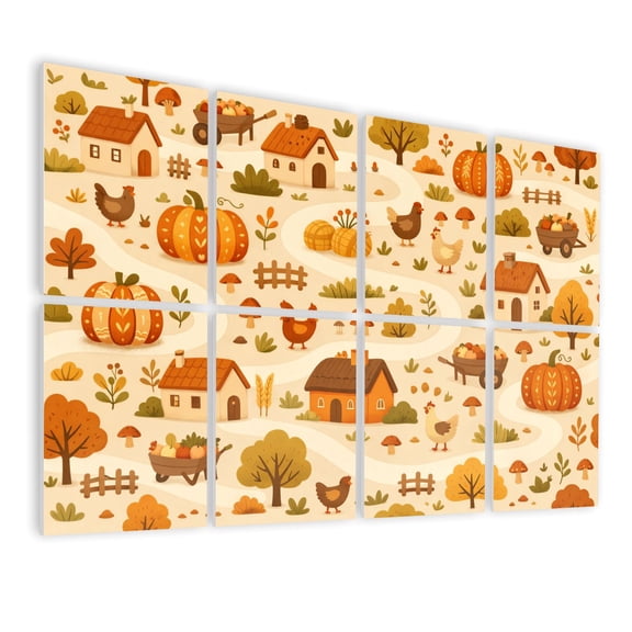 Classroom 8 Pack Art Acoustic Panels Sound Absorbing Autumn Farm Landscape Pumpkins Chickens Cozy Houses Warm Orange Decorative Soundproof Wall Panels Self Adhesive for Nursery Game Room 48"x32"