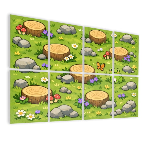Classroom 8 Pack Art Acoustic Panels Sound Absorbing Cartoon Forest Tree Stumps Rocks Flowers Frog Butterfly Green Decorative Soundproof Wall Panels Self Adhesive for Nursery Game Room 48"x32"