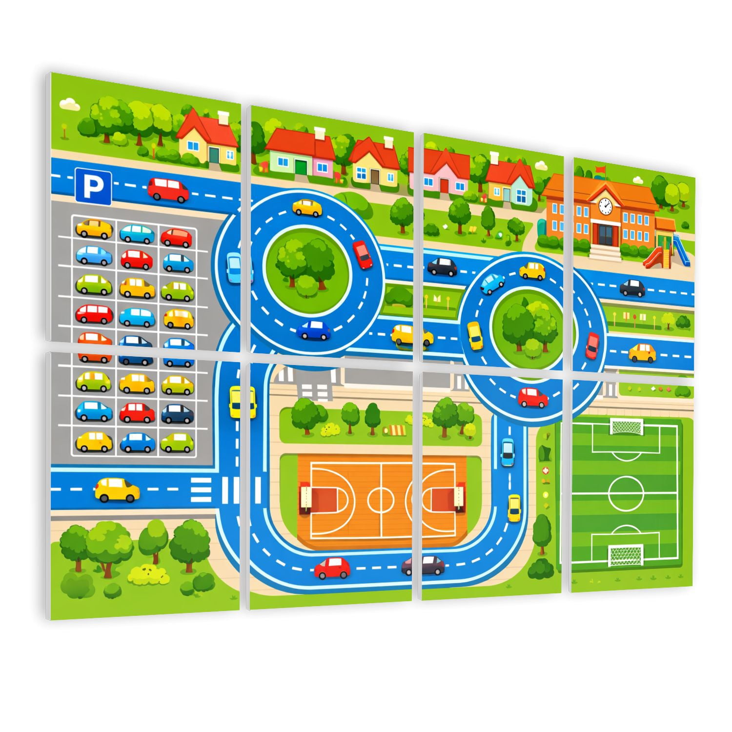 Classroom 8 Pack Art Acoustic Panels Sound Absorbing Cartoon Style City Road Parking Lot Playground Sports Field Decorative Soundproof Wall Panels Self Adhesive for Nursery Kids Game Room 48"x32"