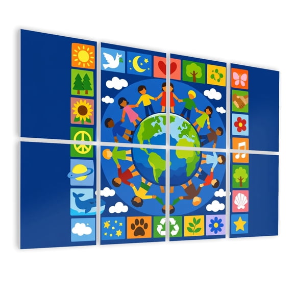 Classroom 8 Pack Art Acoustic Panels Sound Absorbing Children Holding Hands Around Earth Globe Nature Icons Colorful Decorative Soundproof Wall Panels Self Adhesive for Nursery Game Room 48"x32"