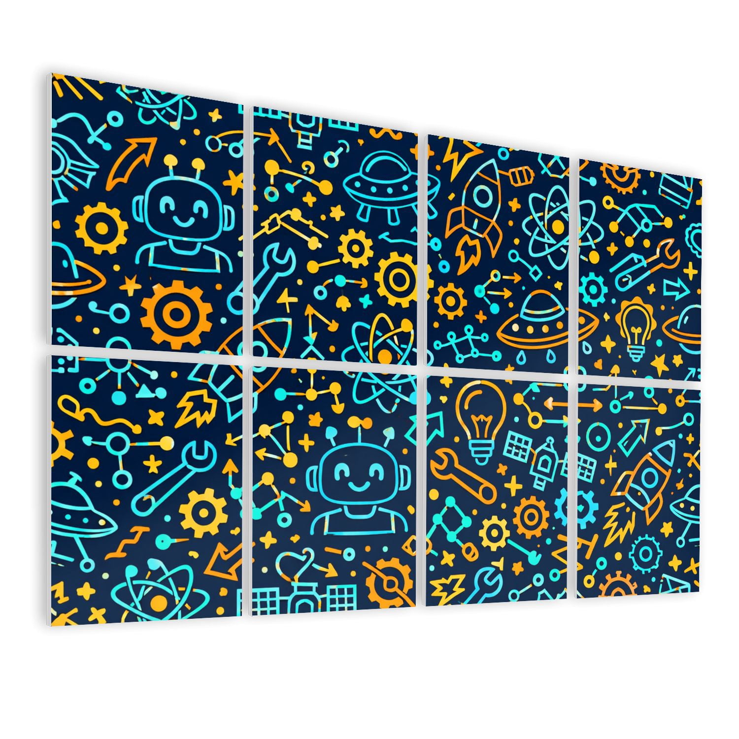 Classroom 8 Pack Art Acoustic Panels Sound Absorbing Colorful Science Technology Robots Rockets UFOs Icons Decorative Soundproof Wall Panels Self Adhesive for Nursery Kids 48"x32"