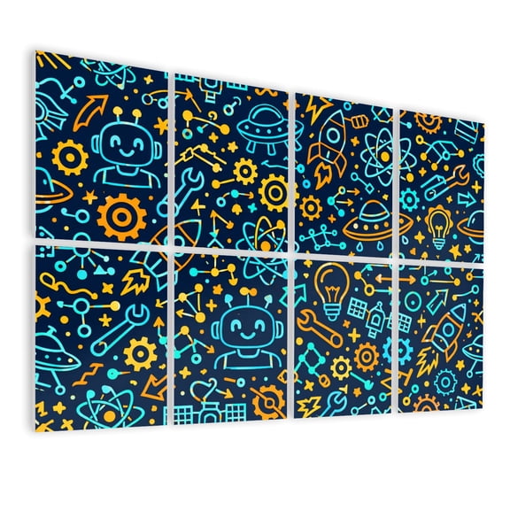 Classroom 8 Pack Art Acoustic Panels Sound Absorbing Colorful Science Technology Robots Rockets UFOs Icons Decorative Soundproof Wall Panels Self Adhesive for Nursery Kids 48"x32"