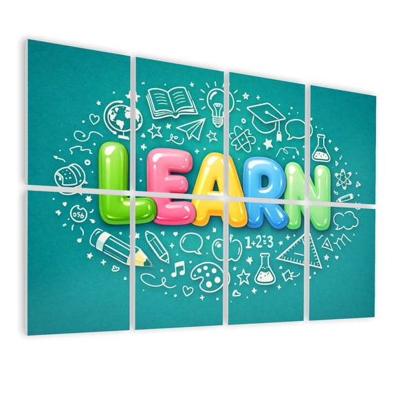 Classroom 8 Pack Art Acoustic Panels Sound Absorbing Colorful Typography Educational Icons Doodles Decorative Soundproof Wall Panels Self Adhesive for Nursery Kids Game Room 48"x32"