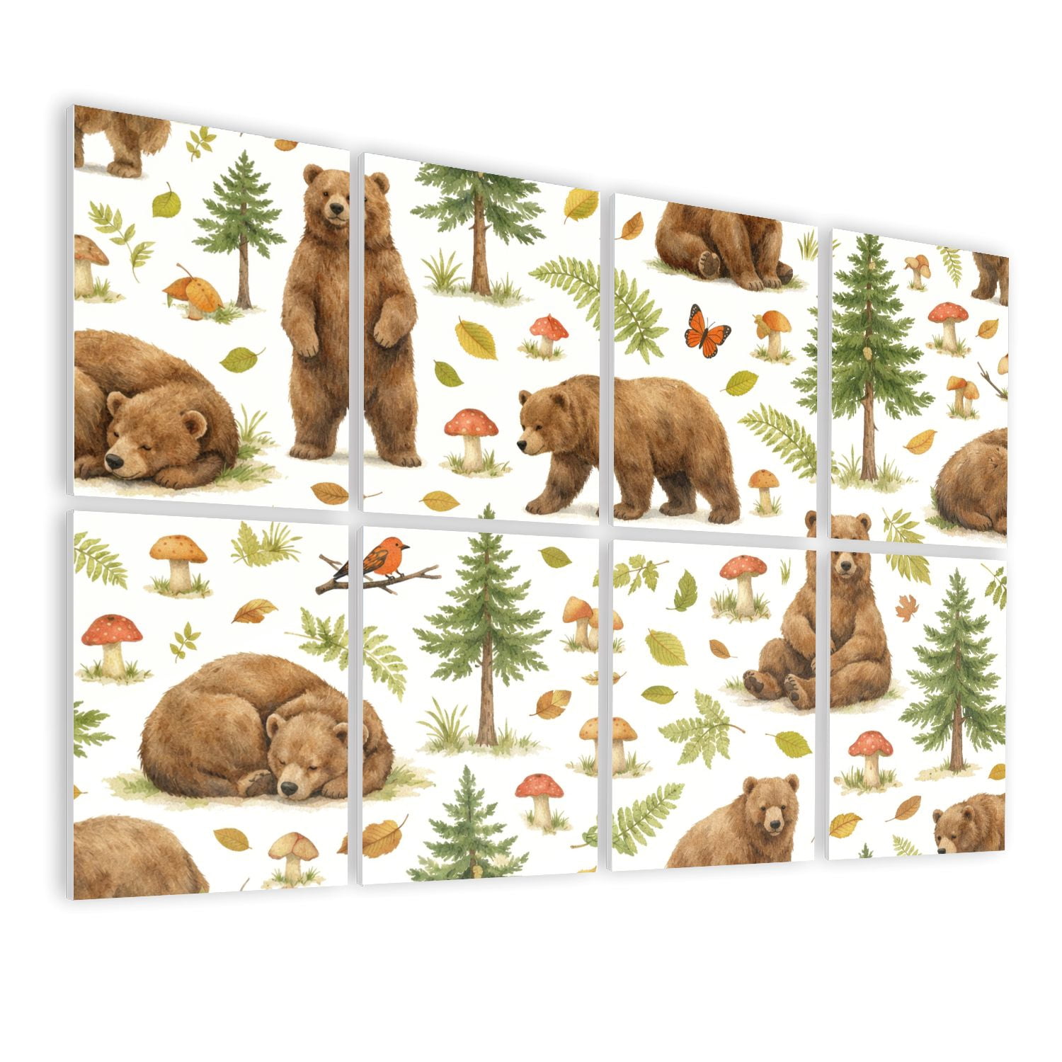 Classroom 8 Pack Art Acoustic Panels Sound Absorbing Cute Brown Bears Forest Elements Decorative Soundproof Wall Panels Self Adhesive for Nursery Kids Game Room 48"x32"