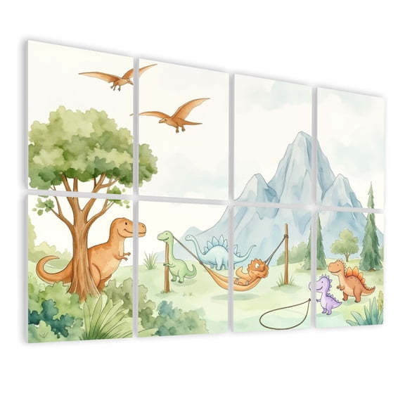 Classroom 8 Pack Art Acoustic Panels Sound Absorbing Cute Cartoon Dinosaurs Playing Mountains Trees Soft Pastel Decorative Soundproof Wall Panels Self Adhesive for Nursery Kids Game Room 48"x32"