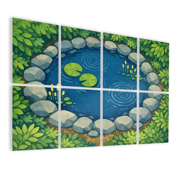 Classroom 8 Pack Art Acoustic Panels Sound Absorbing Serene Garden Pond Lilypads Yellow Flowers Stones Greenery Decorative Soundproof Wall Panels Self Adhesive for Nursery Game Room 48"x32"