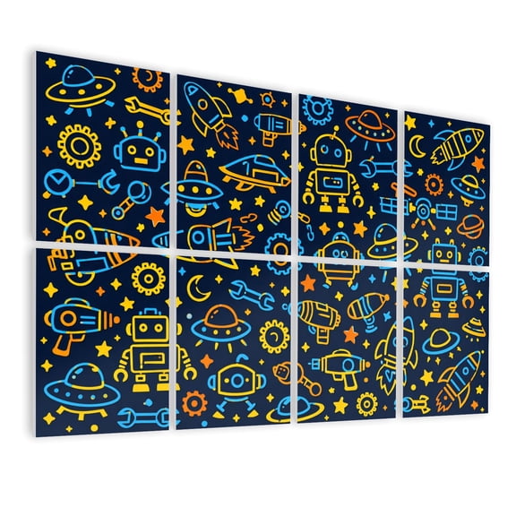 Classroom 8 Pack Art Acoustic Panels Sound Absorbing Space Exploration Theme Robots UFOs Rockets Gear Elements Blue Orange Decorative Soundproof Wall Panels Self Adhesive for Kids Game Room 48"x32"