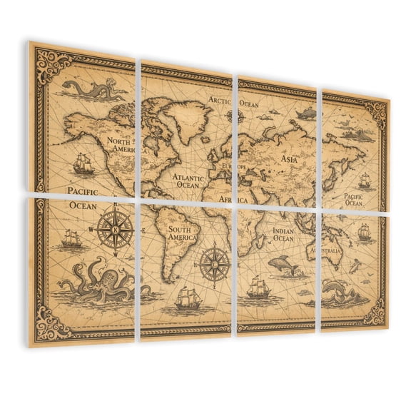 Classroom 8 Pack Art Acoustic Panels Sound Absorbing Vintage World Map Antique Nautical Design Sepia Tones Compass Roses Decorative Soundproof Wall Panels Self Adhesive for Kids Game Room 48"x32"