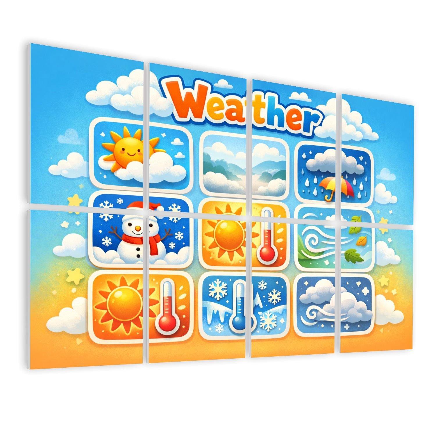 Classroom 8 Pack Art Acoustic Panels Sound Absorbing Weather Icons Sunny Snowy Cloudy Windy Illustrations Decorative Soundproof Wall Panels Self Adhesive for Nursery Kids Game Room 48"x32"