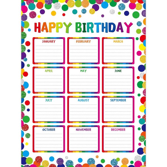 Classroom Birthday Chart with 20 Glue Dots, Reusable Happy Birthday Poster, Confetti Classroom Decoration, Dry Erase Wall Calendar, Laminated Bulletin Board Decor School Supplies (12.6X17)