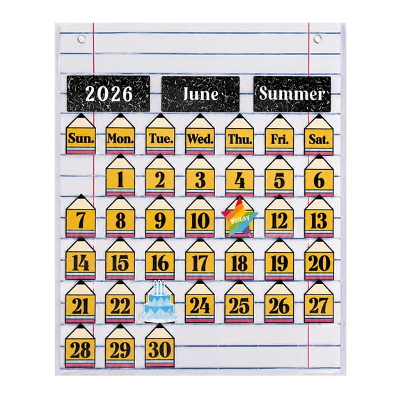 Classroom Calendar Pocket Chart, Pencil Shape Educational Learning Tool With 82 Date Cards Interactive Daily Routine Organizer, Fun Teaching Activity Board for Teachers S*chools PreS*chool Classrooms