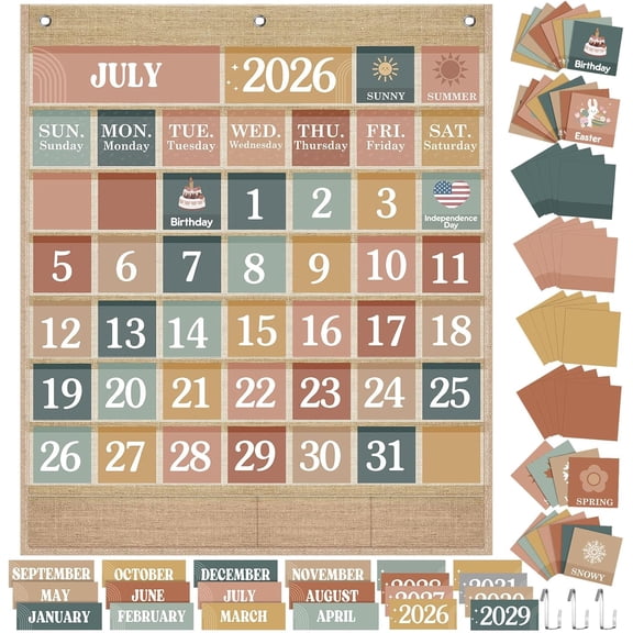 Classroom Calendar Pocket Chart Set Calendar Bulletin Board Set Seasons Festival Weather Pocket Chart for Classroom Decoration Back to School Supplies(Modern Boho,Linen Color)