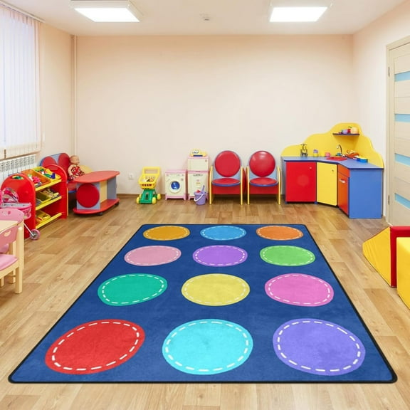 Classroom Carpets Playmat Rugs - Kids Rug With Rubber Backing, Colorful Circle On Blue Background Classroom Seating Rug Play Mat Nursery Rugs For Preschool Elementary Playroom 4x5ft
