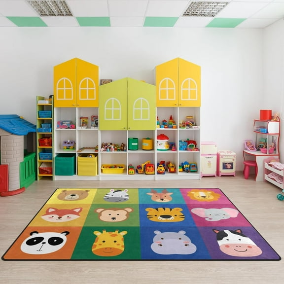 Classroom Carpets Squares Playmat Rugs -Kids Rug With Rubber Backing, Colorful Squares&Cartoon Animals Classroom Seating Rug Play Mat Nursery Rugs For Preschool Elementary Playroom 5x6ft